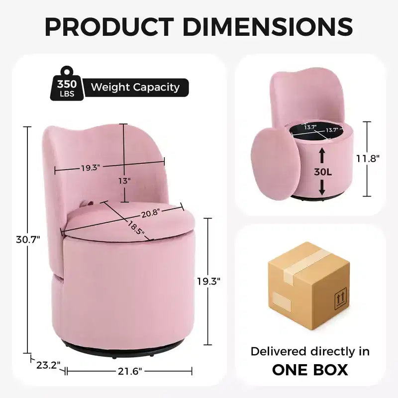 1 tabouret de coiffeuse pivotant à 360° en velours avec rangement et dossier, chaise de baril moderne rembourrée pour chambre à coucher, dressing, salon