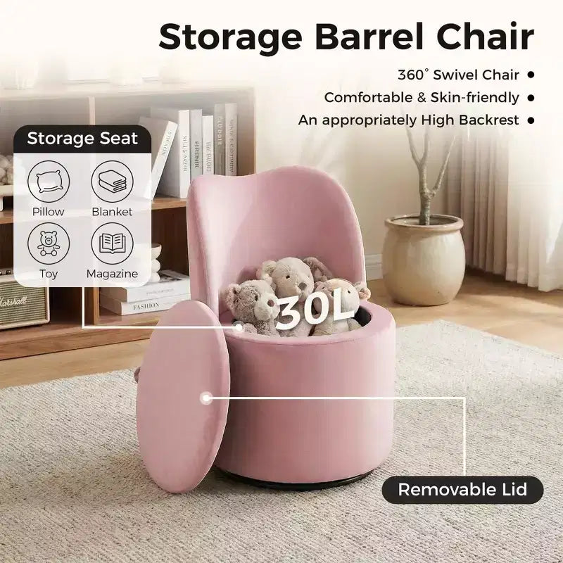 1 tabouret de coiffeuse pivotant à 360° en velours avec rangement et dossier, chaise de baril moderne rembourrée pour chambre à coucher, dressing, salon