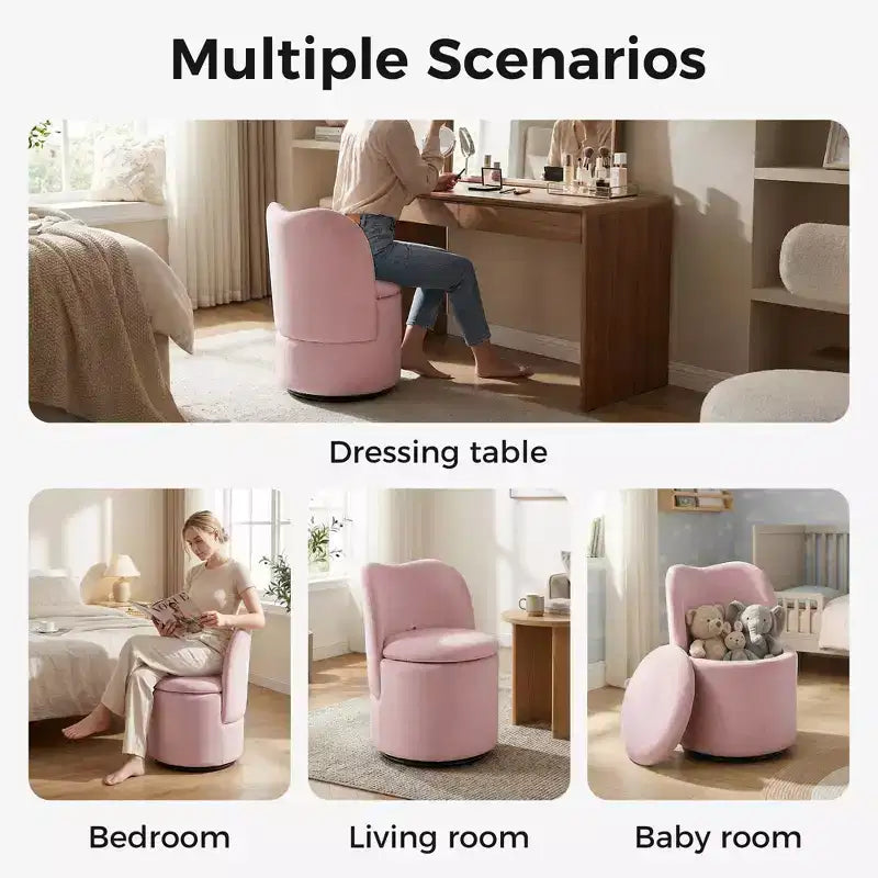 1 tabouret de coiffeuse pivotant à 360° en velours avec rangement et dossier, chaise de baril moderne rembourrée pour chambre à coucher, dressing, salon