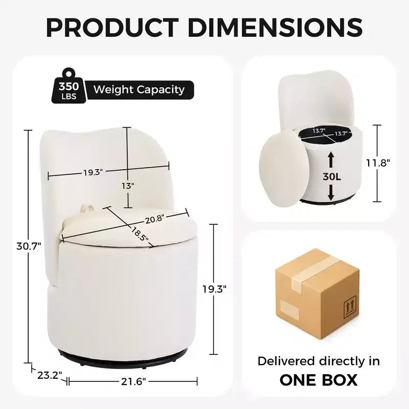 1 tabouret de coiffeuse pivotant à 360° en velours avec rangement et dossier, chaise de baril moderne rembourrée pour chambre à coucher, dressing, salon