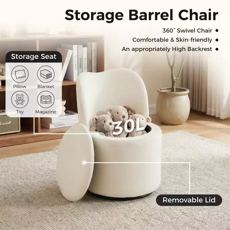 1 tabouret de coiffeuse pivotant à 360° en velours avec rangement et dossier, chaise de baril moderne rembourrée pour chambre à coucher, dressing, salon