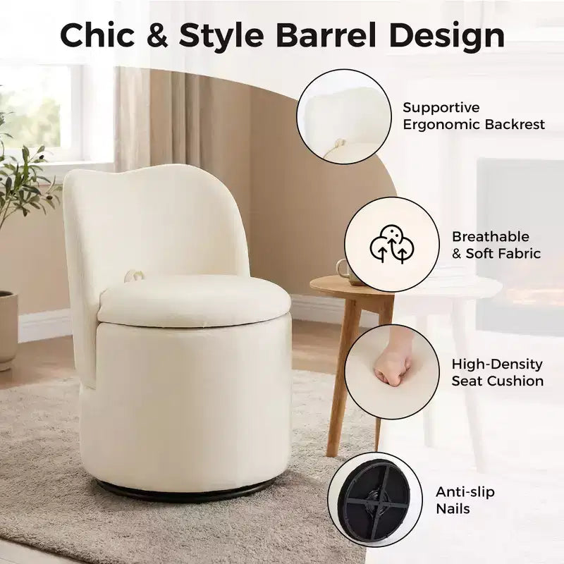 1 tabouret de coiffeuse pivotant à 360° en velours avec rangement et dossier, chaise de baril moderne rembourrée pour chambre à coucher, dressing, salon