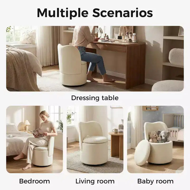 1 tabouret de coiffeuse pivotant à 360° en velours avec rangement et dossier, chaise de baril moderne rembourrée pour chambre à coucher, dressing, salon