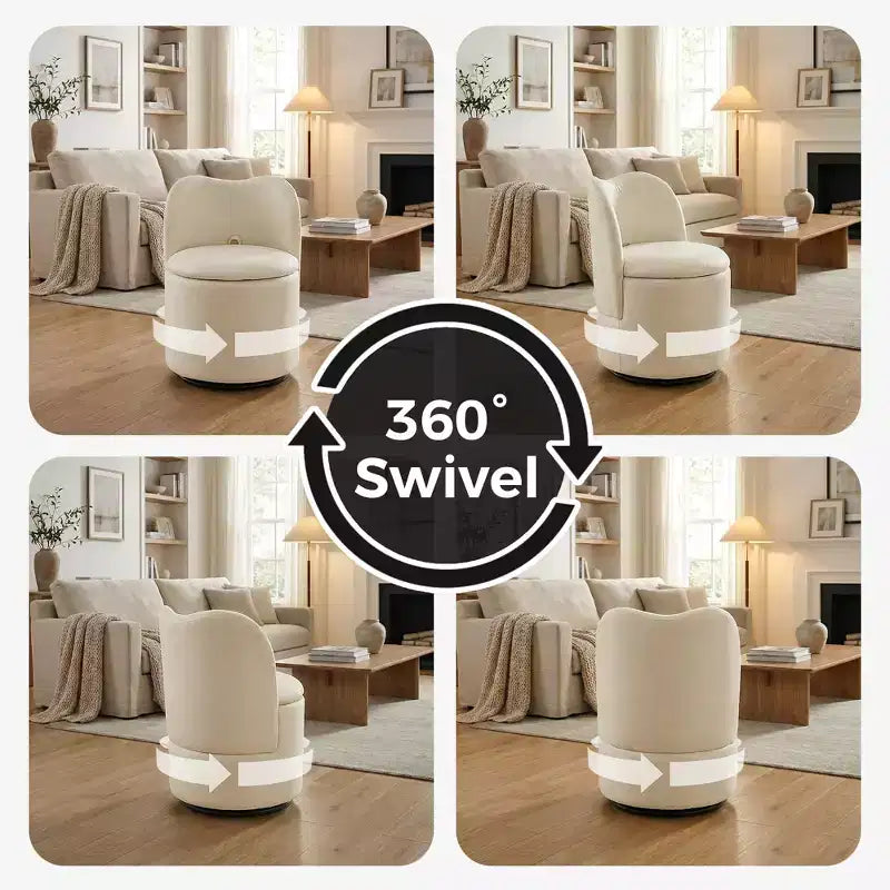 1 tabouret de coiffeuse pivotant à 360° en velours avec rangement et dossier, chaise de baril moderne rembourrée pour chambre à coucher, dressing, salon