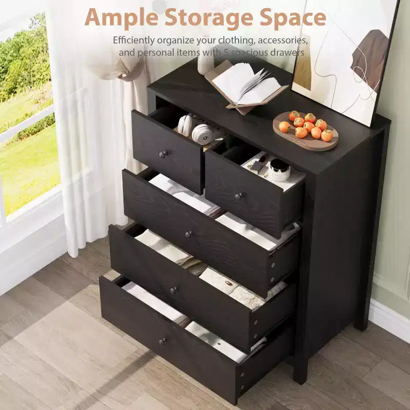 Commode haute en bois à 5 tiroirs pour chambre à coucher, commode double moderne avec tiroirs profonds et poignées métalliques pour chambre d'enfant, entrée et couloir