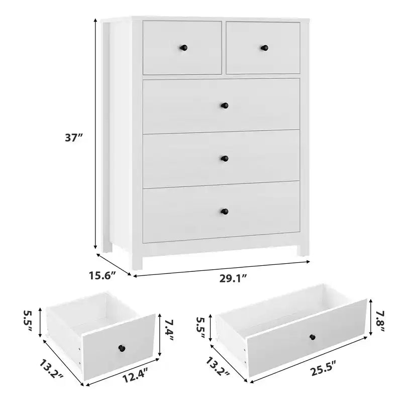 Commode haute en bois à 5 tiroirs pour chambre à coucher, commode double moderne avec tiroirs profonds et poignées métalliques pour chambre d'enfant, entrée et couloir