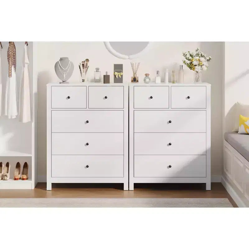 Commode haute en bois à 5 tiroirs pour chambre à coucher, commode double moderne avec tiroirs profonds et poignées métalliques pour chambre d'enfant, entrée et couloir