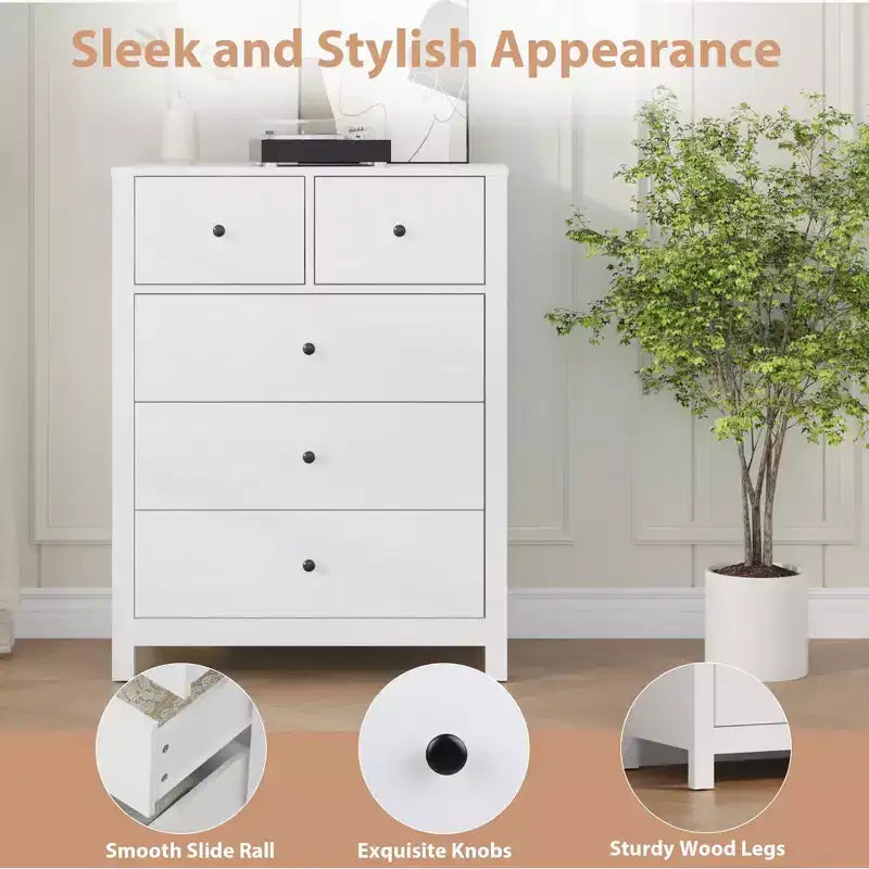 Commode haute en bois à 5 tiroirs pour chambre à coucher, commode double moderne avec tiroirs profonds et poignées métalliques pour chambre d'enfant, entrée et couloir