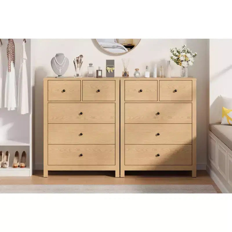 Commode haute en bois à 5 tiroirs pour chambre à coucher, commode double moderne avec tiroirs profonds et poignées métalliques pour chambre d'enfant, entrée et couloir