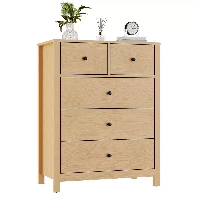 Commode haute en bois à 5 tiroirs pour chambre à coucher, commode double moderne avec tiroirs profonds et poignées métalliques pour chambre d'enfant, entrée et couloir