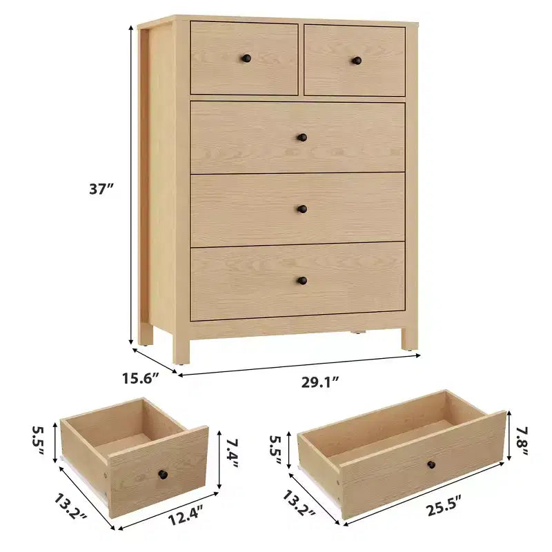 Commode haute en bois à 5 tiroirs pour chambre à coucher, commode double moderne avec tiroirs profonds et poignées métalliques pour chambre d'enfant, entrée et couloir