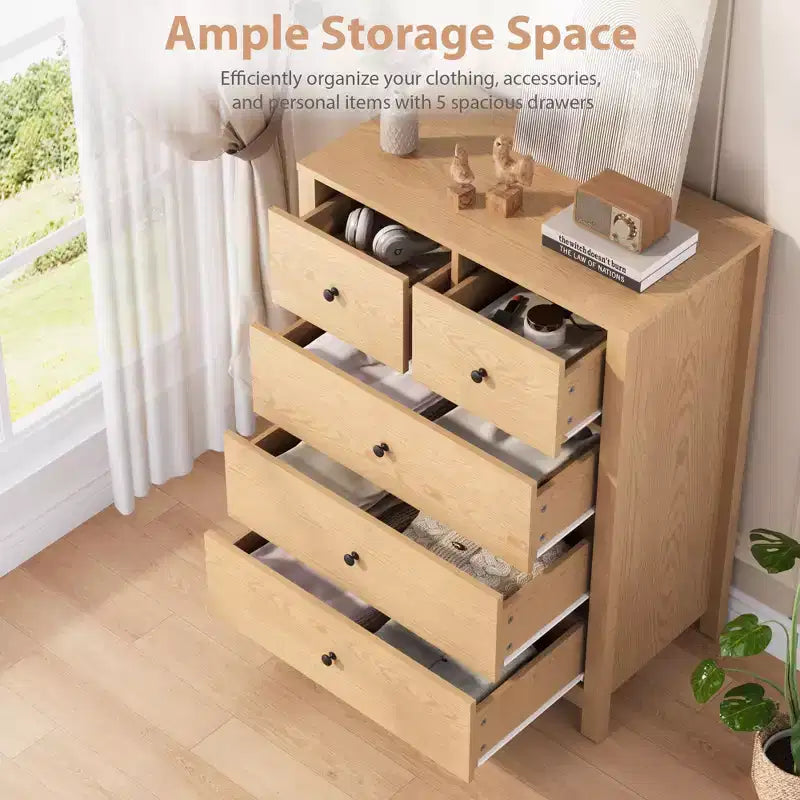 Commode haute en bois à 5 tiroirs pour chambre à coucher, commode double moderne avec tiroirs profonds et poignées métalliques pour chambre d'enfant, entrée et couloir