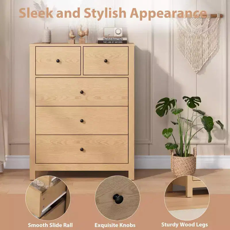 Commode haute en bois à 5 tiroirs pour chambre à coucher, commode double moderne avec tiroirs profonds et poignées métalliques pour chambre d'enfant, entrée et couloir