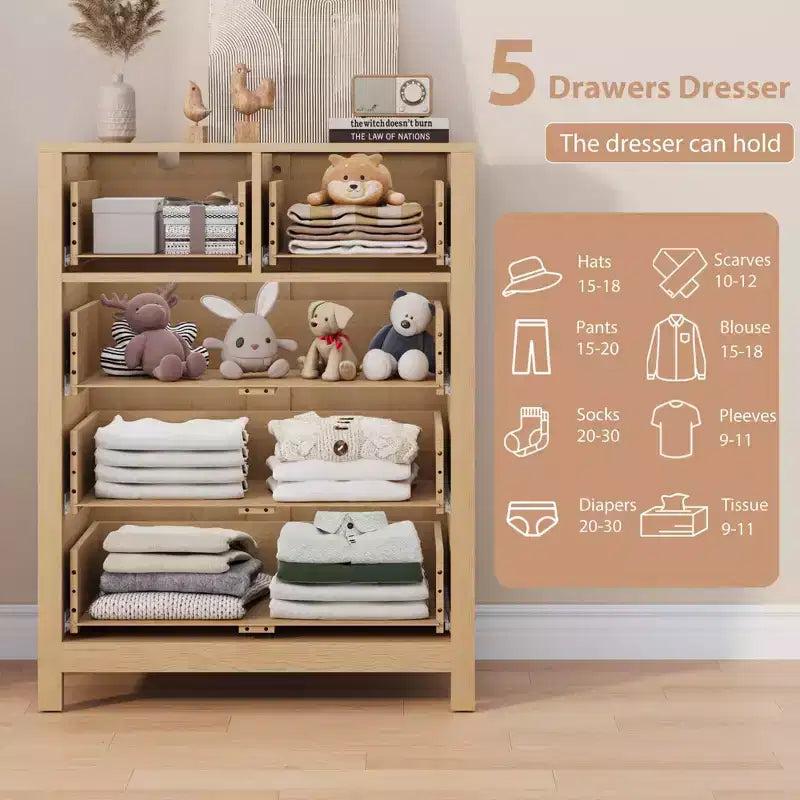 Commode haute en bois à 5 tiroirs pour chambre à coucher, commode double moderne avec tiroirs profonds et poignées métalliques pour chambre d'enfant, entrée et couloir