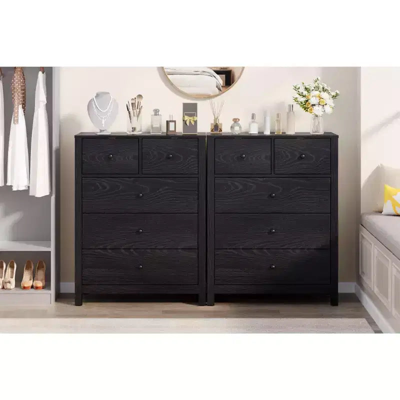 Commode haute en bois à 5 tiroirs pour chambre à coucher, commode double moderne avec tiroirs profonds et poignées métalliques pour chambre d'enfant, entrée et couloir