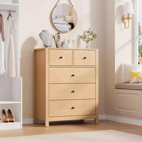 5-Drawer Tall Wooden Dresser for Bedroom, Modern Double Chest of Drawers with Deep Drawers & Metal Knobs for Kids Bedroom, Entryway & Hallway
