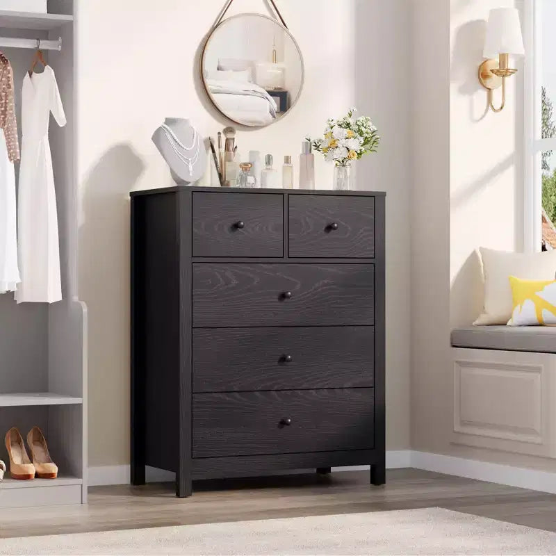 Commode haute en bois à 5 tiroirs pour chambre à coucher, commode double moderne avec tiroirs profonds et poignées métalliques pour chambre d'enfant, entrée et couloir
