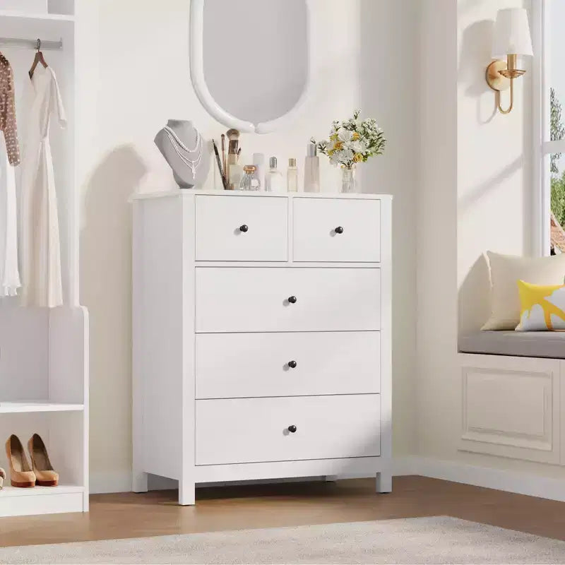 Commode haute en bois à 5 tiroirs pour chambre à coucher, commode double moderne avec tiroirs profonds et poignées métalliques pour chambre d'enfant, entrée et couloir