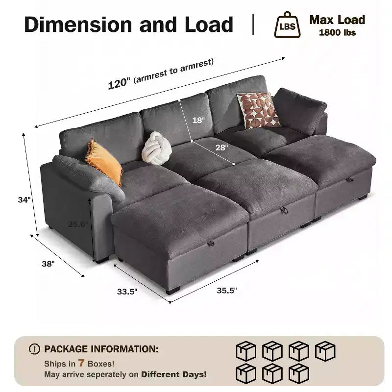 Dyonery Canapé modulaire sectionnel nuage surdimensionné 120 pour salon, canapé à assise large et profonde rembourré de duvet, cadre en bois massif, assemblage sans outils, gris foncé