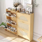 Modern narrow shoe cabinet for entryway  3 drop-down drawers and rattan doors  MDF wood storage unit  Natural oak style shoe organizer