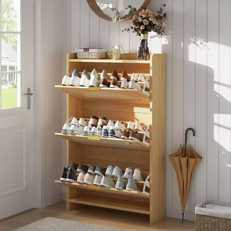 Meuble à chaussures moderne et étroit pour entrée, 3 tiroirs abattants et portes en rotin, unité de rangement en bois MDF, organisateur de chaussures style chêne naturel
