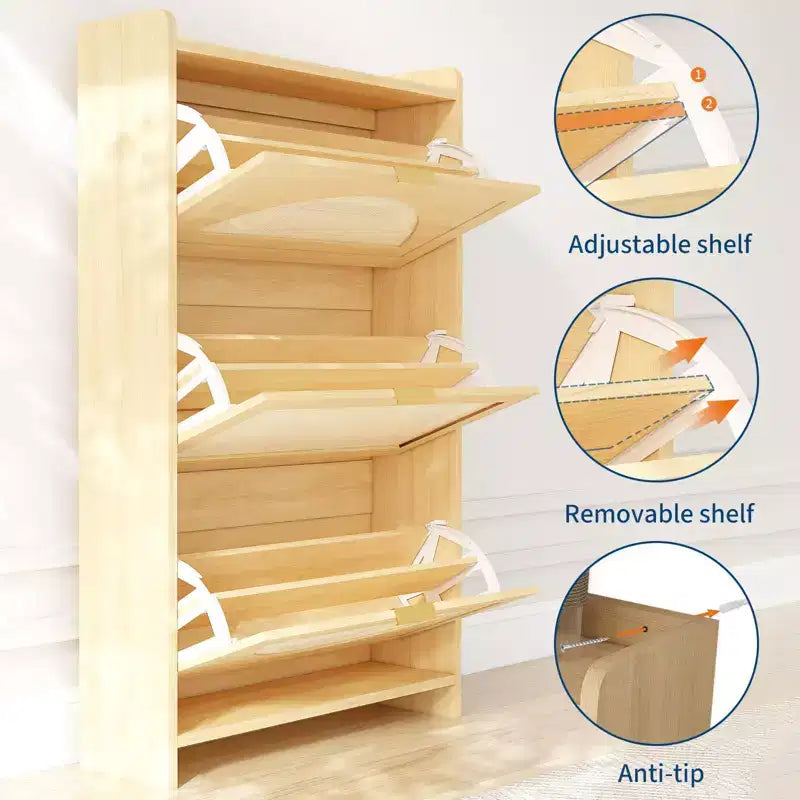 Meuble à chaussures moderne et étroit pour entrée, 3 tiroirs abattants et portes en rotin, unité de rangement en bois MDF, organisateur de chaussures style chêne naturel