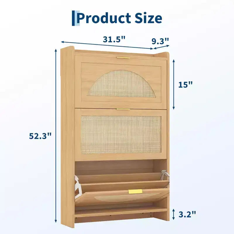 Meuble à chaussures moderne et étroit pour entrée, 3 tiroirs abattants et portes en rotin, unité de rangement en bois MDF, organisateur de chaussures style chêne naturel