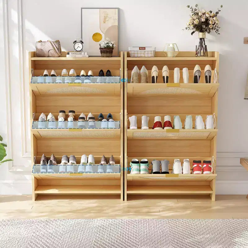 Meuble à chaussures moderne et étroit pour entrée, 3 tiroirs abattants et portes en rotin, unité de rangement en bois MDF, organisateur de chaussures style chêne naturel