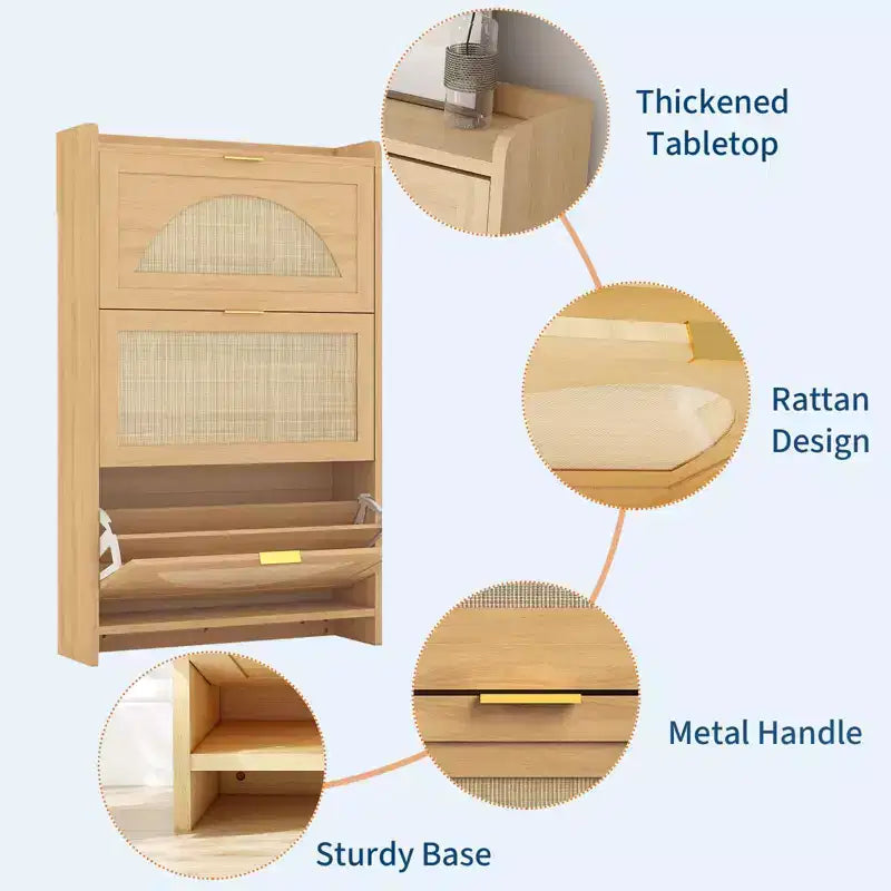 Meuble à chaussures moderne et étroit pour entrée, 3 tiroirs abattants et portes en rotin, unité de rangement en bois MDF, organisateur de chaussures style chêne naturel
