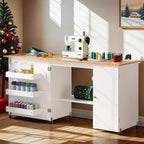 Grande table de couture pliante, station de bricolage portable polyvalente et bureau d'appoint au design compact, avec roulettes, étagères de rangement et tiroirs de rangement