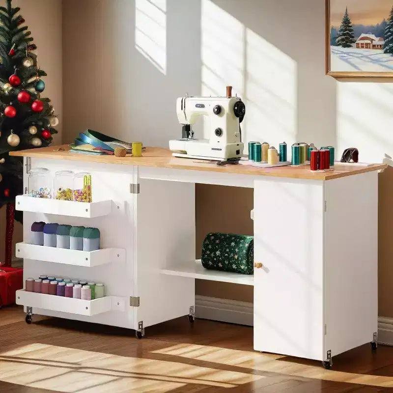 Grande table de couture pliante, station de bricolage portable polyvalente et bureau d'appoint au design compact, avec roulettes, étagères de rangement et tiroirs de rangement