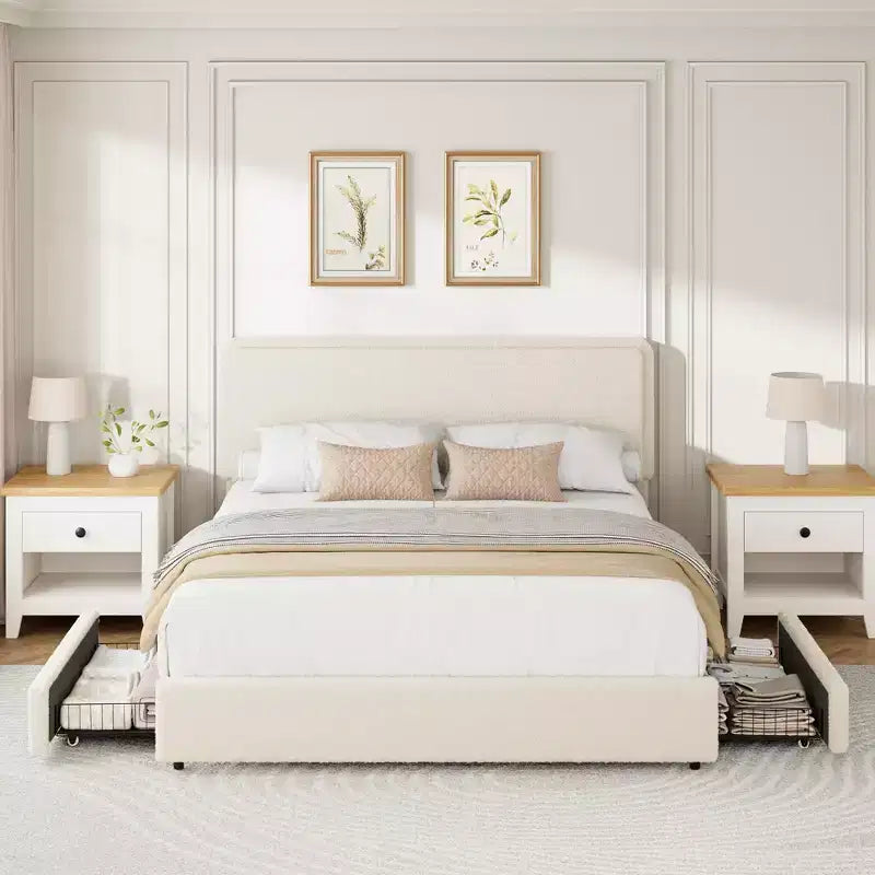 Cadre de lit en polaire Teddy douce avec 2 tiroirs de rangement, tête de lit réglable, aucun sommier tapissier requis, montage facile, couleur crème nuage