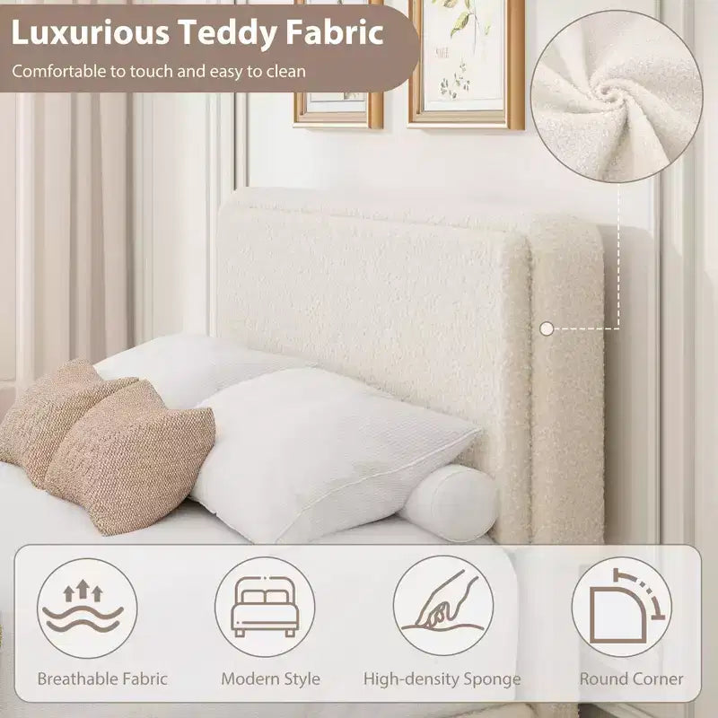 Cadre de lit en polaire Teddy douce avec 2 tiroirs de rangement, tête de lit réglable, aucun sommier tapissier requis, montage facile, couleur crème nuage