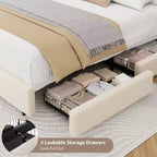 Cadre de lit en polaire Teddy douce avec 2 tiroirs de rangement, tête de lit réglable, aucun sommier tapissier requis, montage facile, couleur crème nuage