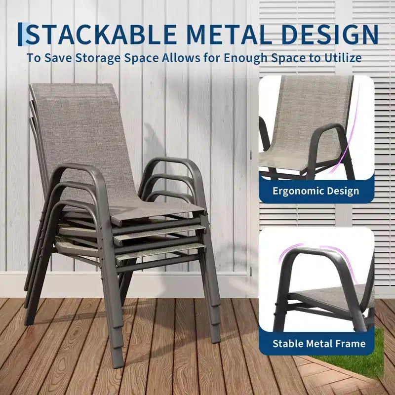 Lot de 4 chaises de salle à manger empilables à dossier haut pour terrasse | Tissu textilène respirant, cadre en métal durable | Résistant aux intempéries, gain de place pour la pelouse