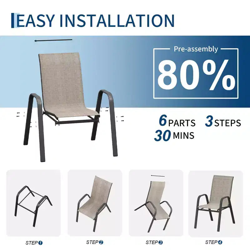 Lot de 4 chaises de salle à manger empilables à dossier haut pour terrasse | Tissu textilène respirant, cadre en métal durable | Résistant aux intempéries, gain de place pour la pelouse