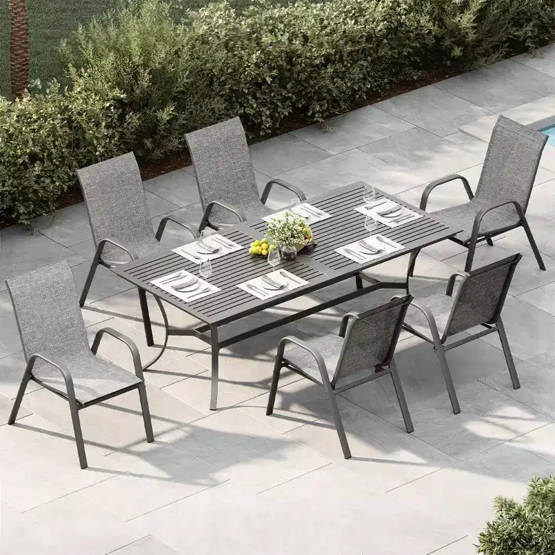 Lot de 4 chaises de salle à manger empilables à dossier haut pour terrasse | Tissu textilène respirant, cadre en métal durable | Résistant aux intempéries, gain de place pour la pelouse