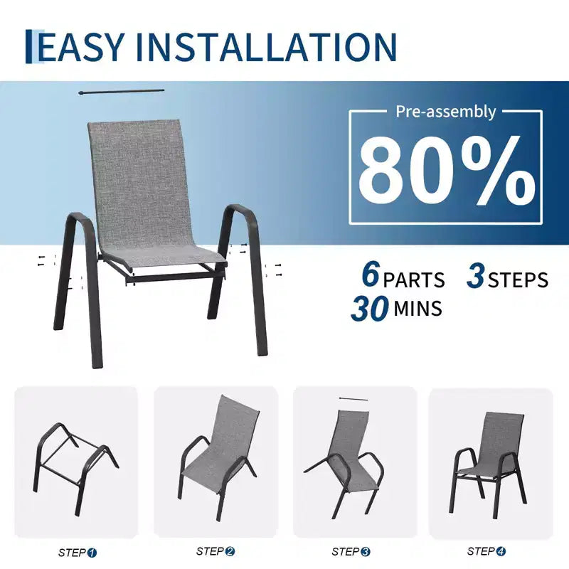 Lot de 4 chaises de salle à manger empilables à dossier haut pour terrasse | Tissu textilène respirant, cadre en métal durable | Résistant aux intempéries, gain de place pour la pelouse