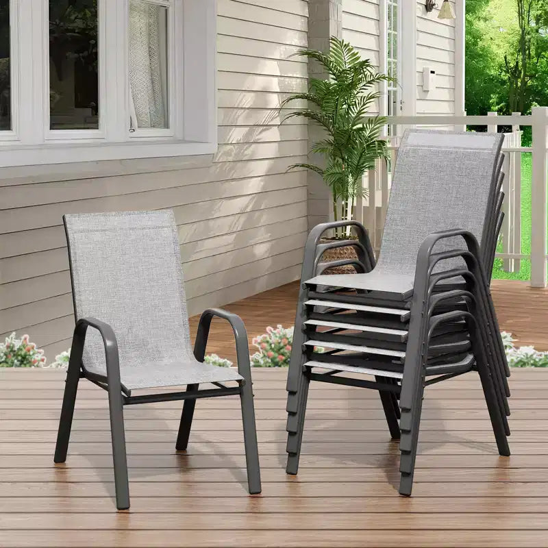 Lot de 4 chaises de salle à manger empilables à dossier haut pour terrasse | Tissu textilène respirant, cadre en métal durable | Résistant aux intempéries, gain de place pour la pelouse