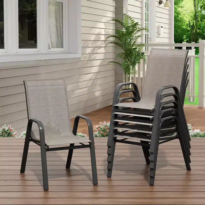 Lot de 4 chaises de salle à manger empilables à dossier haut pour terrasse | Tissu textilène respirant, cadre en métal durable | Résistant aux intempéries, gain de place pour la pelouse