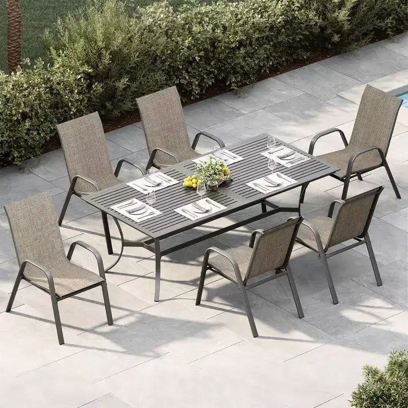 Lot de 4 chaises de salle à manger empilables à dossier haut pour terrasse | Tissu textilène respirant, cadre en métal durable | Résistant aux intempéries, gain de place pour la pelouse