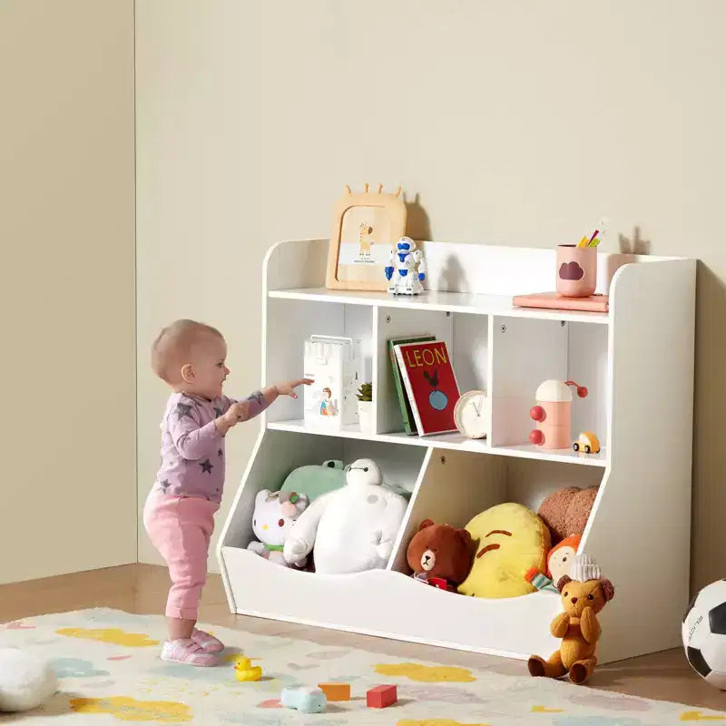 Rangement enfant en bois à 5 casiers, Organisateur de jouets avec étagère à livres, Meuble de rangement jouets en bois à 5 casiers, Étagère à livres et jouets pour chambre d'enfant