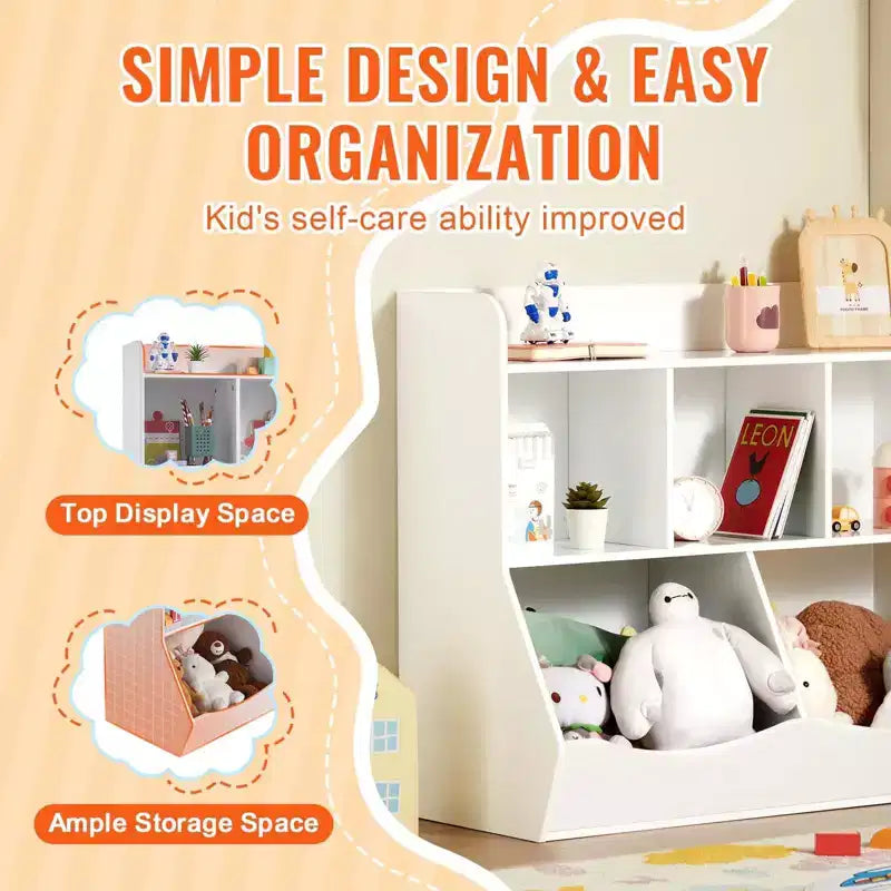 Rangement enfant en bois à 5 casiers, Organisateur de jouets avec étagère à livres, Meuble de rangement jouets en bois à 5 casiers, Étagère à livres et jouets pour chambre d'enfant