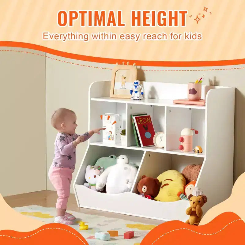 Rangement enfant en bois à 5 casiers, Organisateur de jouets avec étagère à livres, Meuble de rangement jouets en bois à 5 casiers, Étagère à livres et jouets pour chambre d'enfant