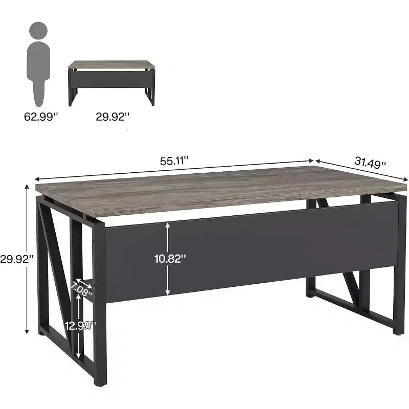 Bureau d'ordinateur Lantine de 55 pouces avec étagère de rangement inférieure, table d'écriture pour bureau à domicile, chêne foncé, pieds en acier