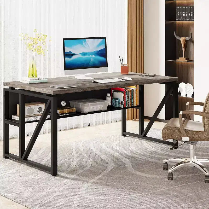 Bureau d'ordinateur Lantine de 55 pouces avec étagère de rangement inférieure, table d'écriture pour bureau à domicile, chêne foncé, pieds en acier