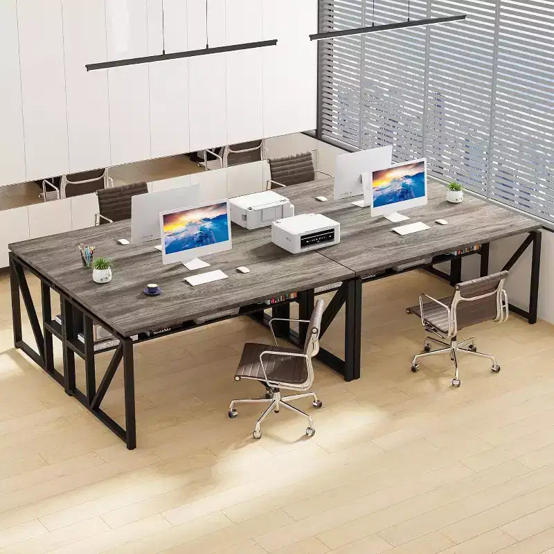 Bureau d'ordinateur Lantine de 55 pouces avec étagère de rangement inférieure, table d'écriture pour bureau à domicile, chêne foncé, pieds en acier