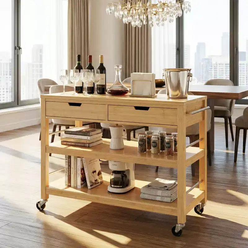 Chariot de cuisine roulant en bambou Christopher Knight Home Ottilia avec 2 tiroirs et étagères ouvertes