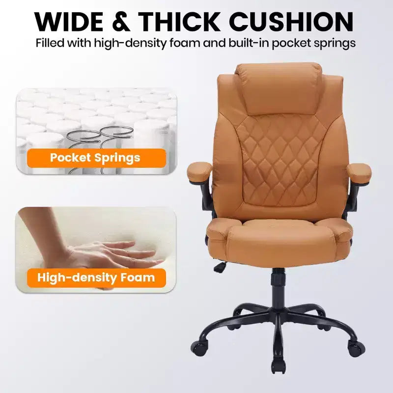Chaise de bureau en cuir 160kg - Fauteuil de bureau ergonomique avec support lombaire réglable et accoudoirs relevables