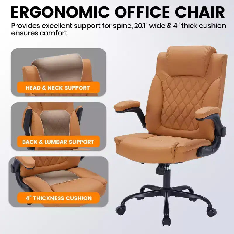 Chaise de bureau en cuir 160kg - Fauteuil de bureau ergonomique avec support lombaire réglable et accoudoirs relevables